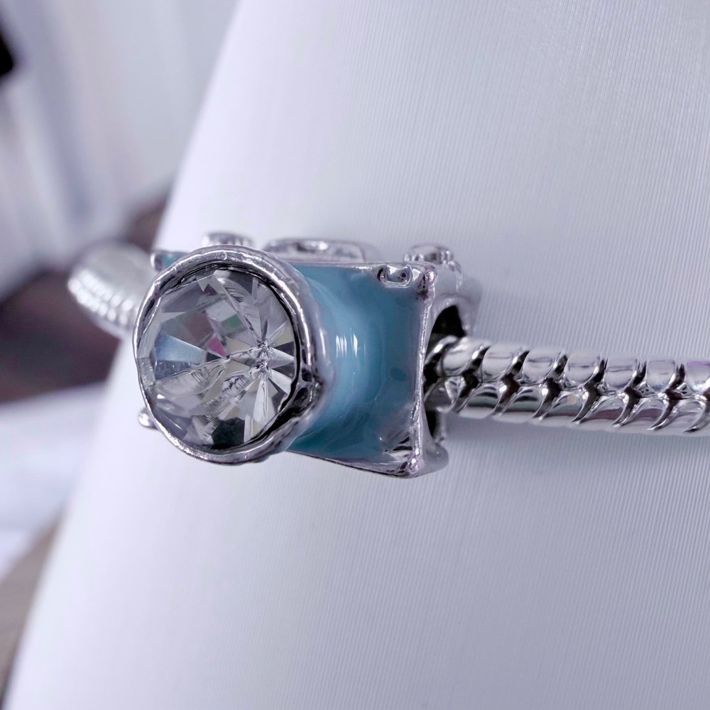 Silver Camera Bead Charm Blue Enamel Crystal Fits Snake Chain Bracelet - Picture 9 of 9